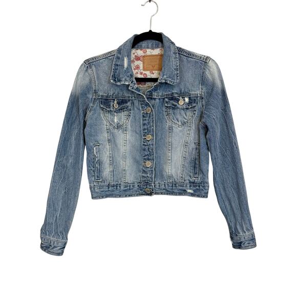 Amethyst Jeans Cropped Jacket Womens M Blue Denim Distressed Button Y2K Trucker - Picture 1 of 6